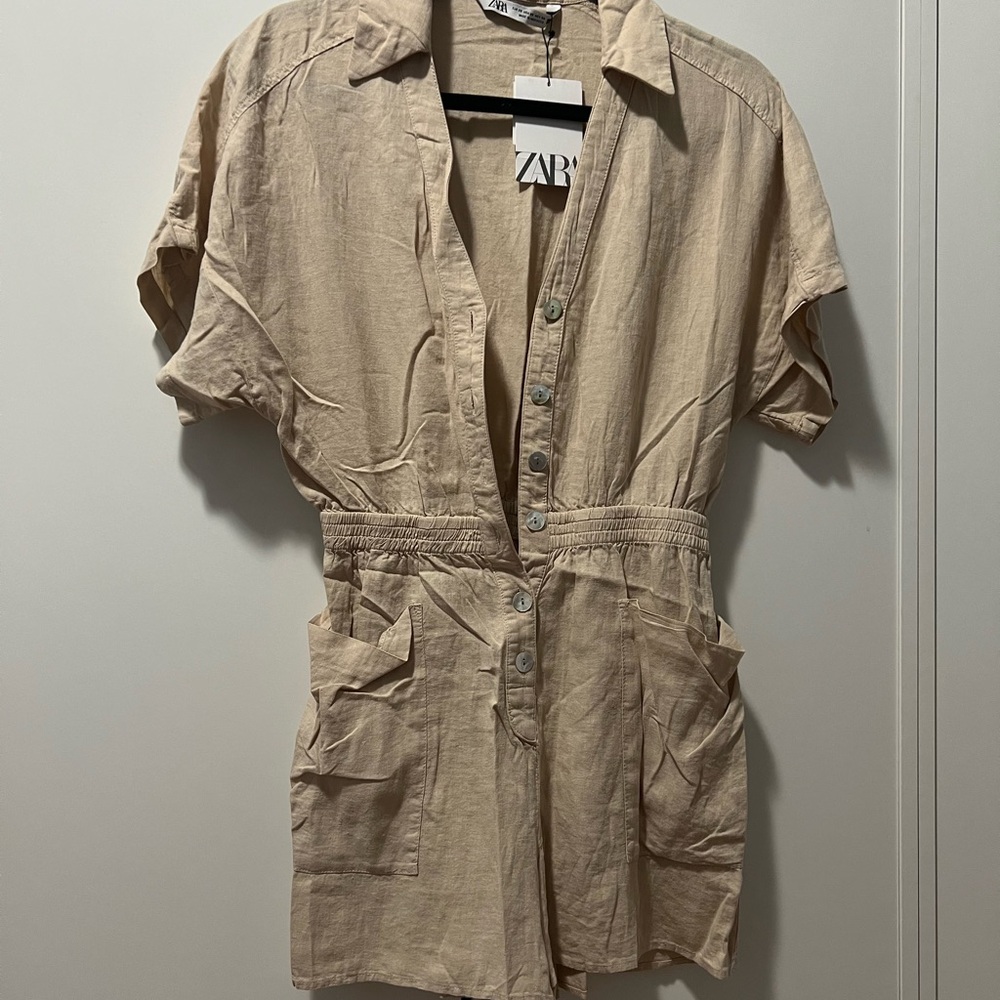 ZARA Beige Button-Up Romper